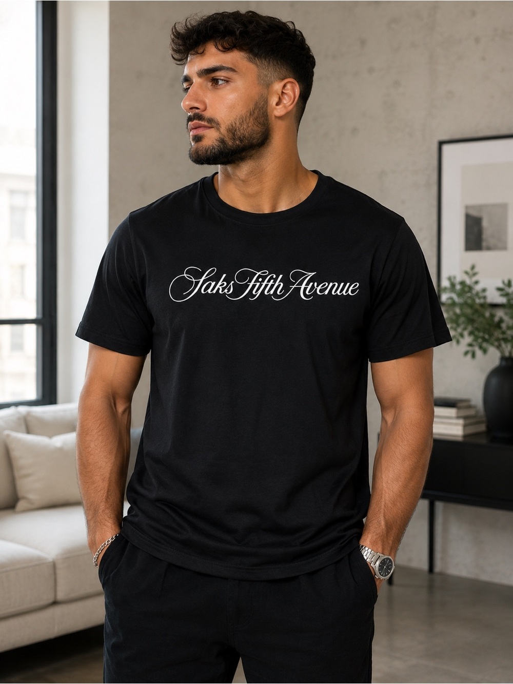 Saks Fifth Avenue Men’s Logo T Shirt Black White Script 3X Made in Italy
